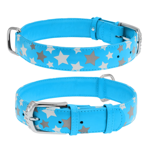 Obojek kožený Waudog Stars modrý (38-49cm/2,5cm)